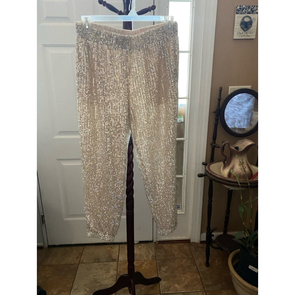 Women's LOFT Pants Size M Gold Sequin Joggers